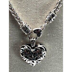 Vintage Silver Heart Pendant Necklace With Ornate Detailing 10” Long